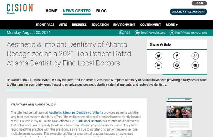 Screenshot of an article - Aesthetic & Implant Dentistry of Atlanta Recognized as a 2021 Top Patient Rated Atlanta Dentist by Find Local Doctors